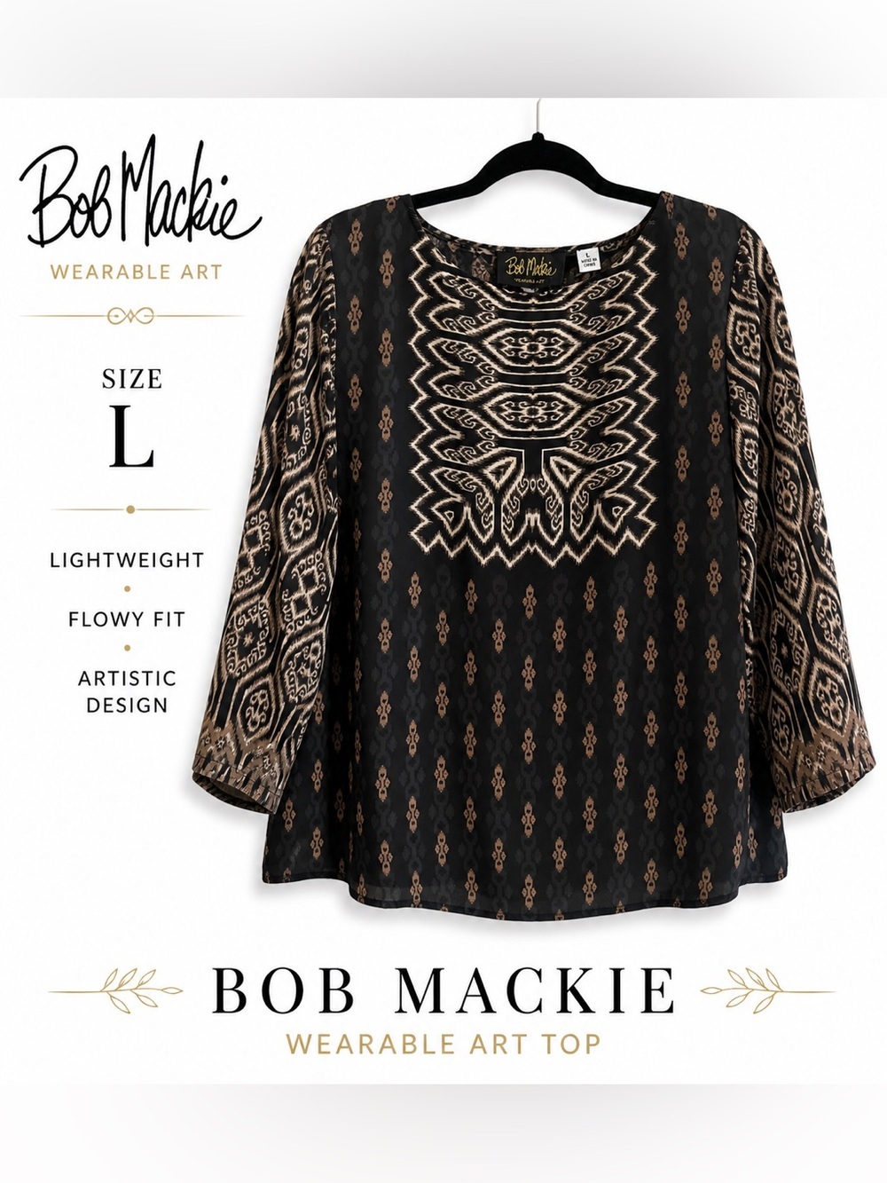 Bob Mackie Wearable Art Top L Boho Ikat Tribal Blouse Chic Large